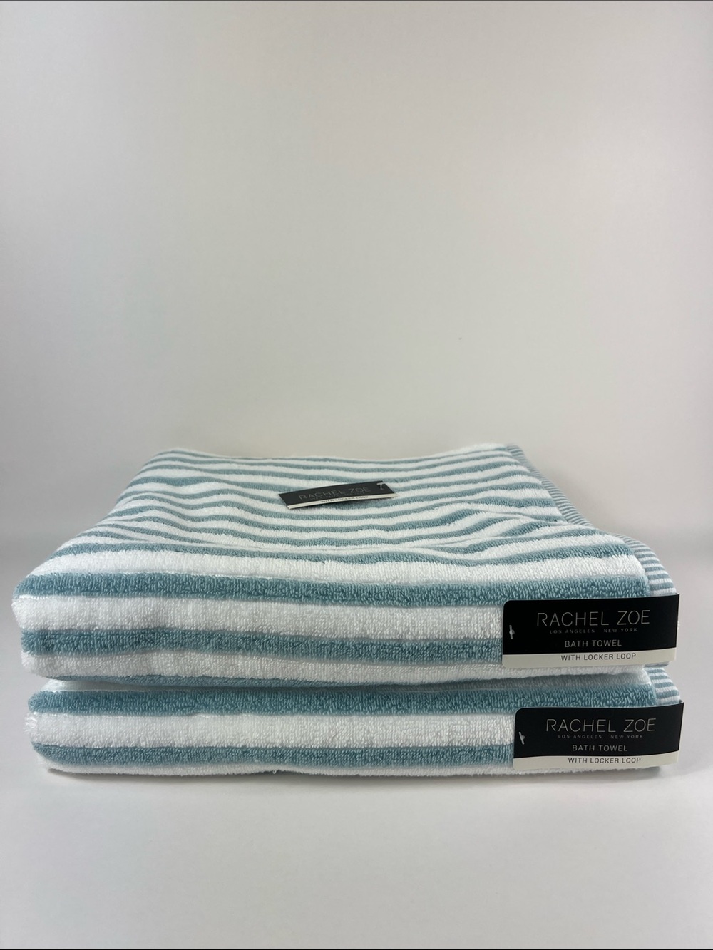 Rachel Zoe Bath Towels Classic Blue and White Striped Soft Cotton Set of 2 NEW